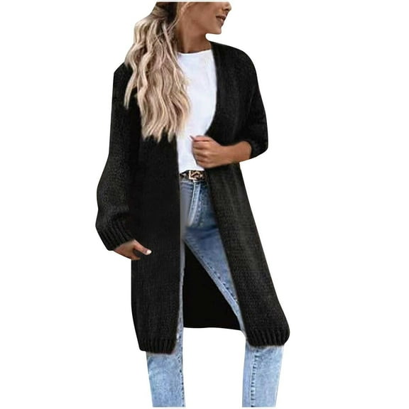 Tawop Women's Cardigans Long Cardigans for Women Autumn Solid Colour Cardigan Long Sleeve Knitted Mid-Length Sweater Black L