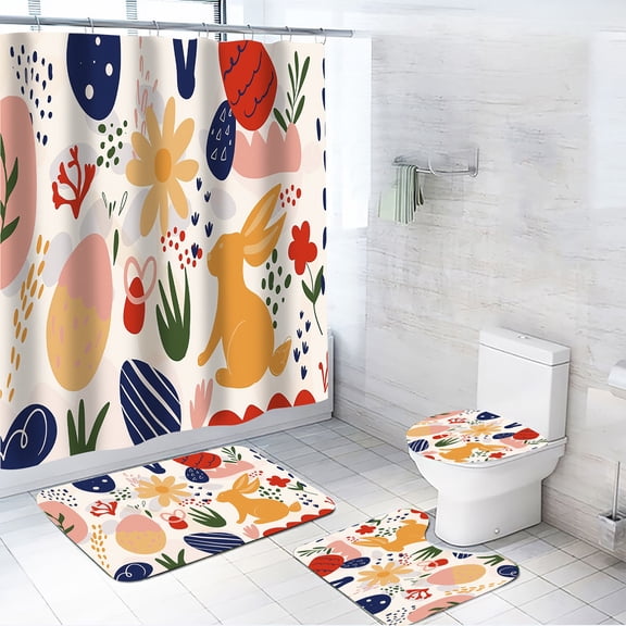 KCEHTA 4 Pcs Easter Shower Curtain Set with Non Slip Rugs Toilet Lid Cover U Shape Bath Mat Spring Easter Bunny Egg Floral Flower Shower Curtain with 12 Hooks Easter Decorations Bathroom Set