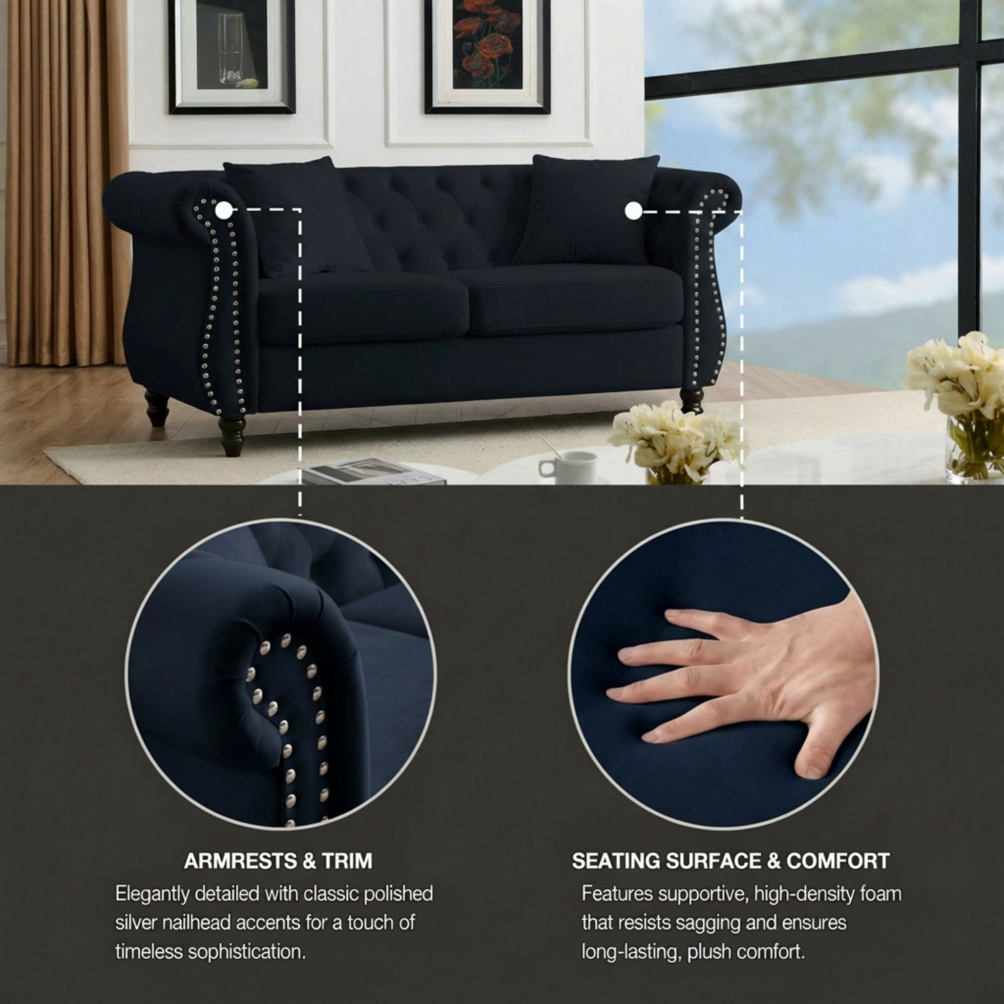 Sailvan 58.8" Velvet Chesterfield Sofa, 2 Seater Tufted Loveseat with Rolled Arms & Nailhead Trim,Couch for Living Room & Office Black