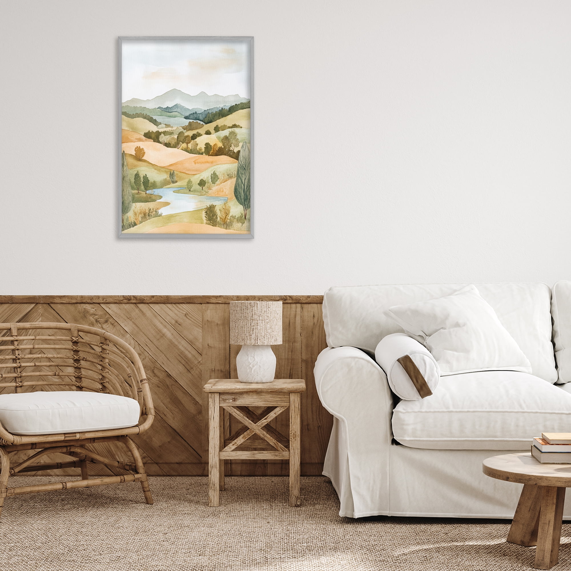 Stupell Industries Watercolor Hills & Tranquil Valley Gray Framed Giclee Art, design by Petal Prints Design