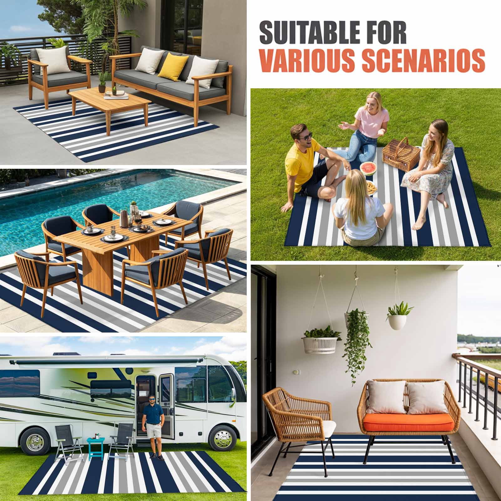 Navy Blue Grey Striped Outdoor Rug for Patio/Deck/Porch, Non-Slip Large Area Rug 3 x 5 Ft, Modern Minimalist Ombre Lines Indoor Outdoor Rugs Washable Area Rugs, Reversible Camping Rug Carpet Runner