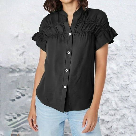 Black Womens Tops Casual Short Sleeved Pleated Shirt Solid Color Cotton and Linen Stand Up Collar Shirt for Women Shirts for Women