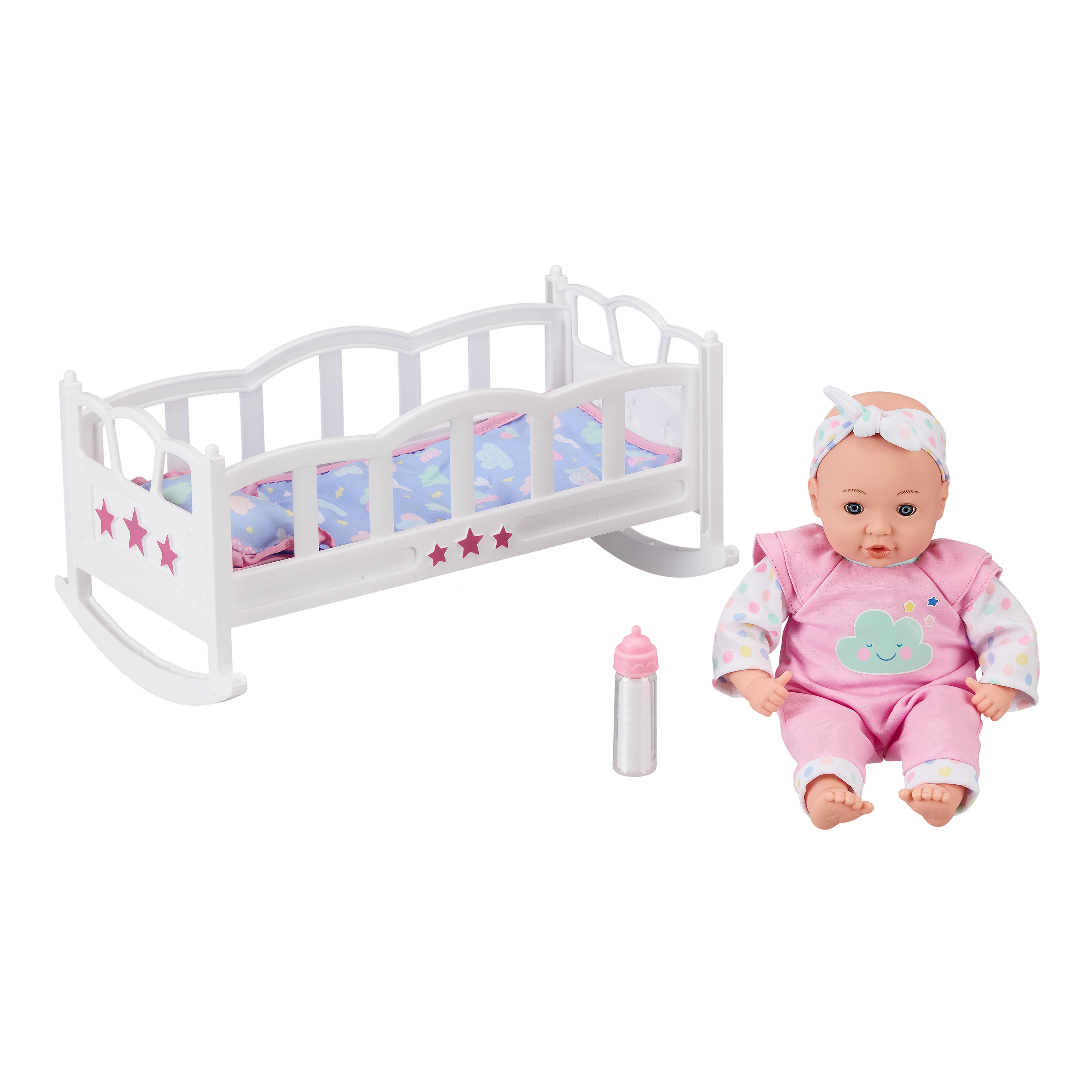 deAO My First Baby Doll Nursery Playset Toy Cot Crib Stroller High Chair Dolly Play Set Baby Doll with Accessories