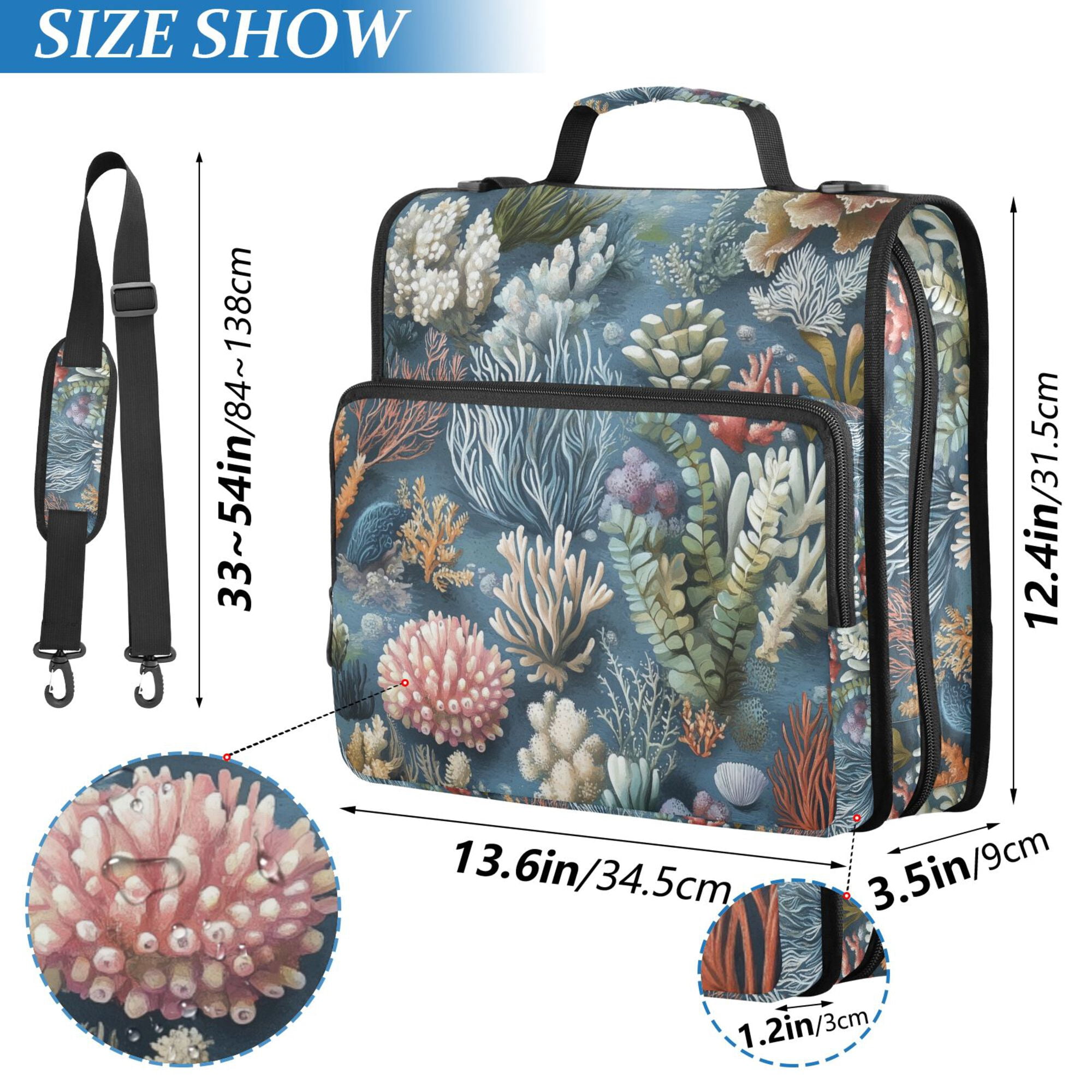 FORMRS Zipper Binder with Shoulder Strap 2-inch Ring 500 Sheet Capacity File Bag, Sea Plants Pattern