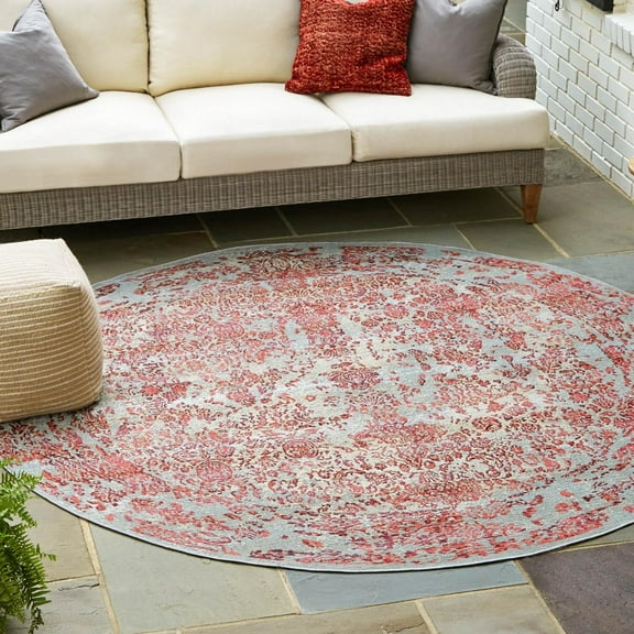 Unique Loom Outdoor Botanical Collection Area Rug - Vintage (8' Round Light Blue/Red)