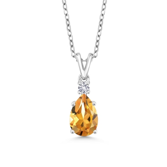 Gem Stone King 925 Sterling Silver Yellow Citrine and White Created Sapphire Pendant Necklace for Women (1.12 Cttw, Gemstone November Birthstone, Pear Shape 9X6MM, with 18 inch Chain)