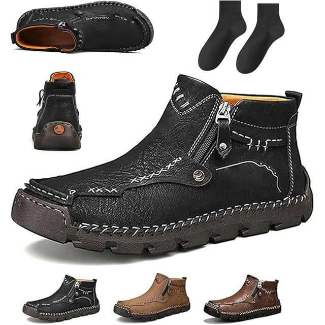 Motorcycle Boots Men, Hand-Stitched Genuine Leather Boots-Wide Toe, Waterproof Anti-Slip, for Work, Hiking