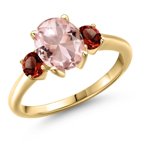 Gem Stone King 10K Yellow Gold Peach Nano Morganite and Red Garnet Engagement Ring for Women | 2.74 Cttw | Oval 9X7MM | Gemstone October Birthstone | Size 6