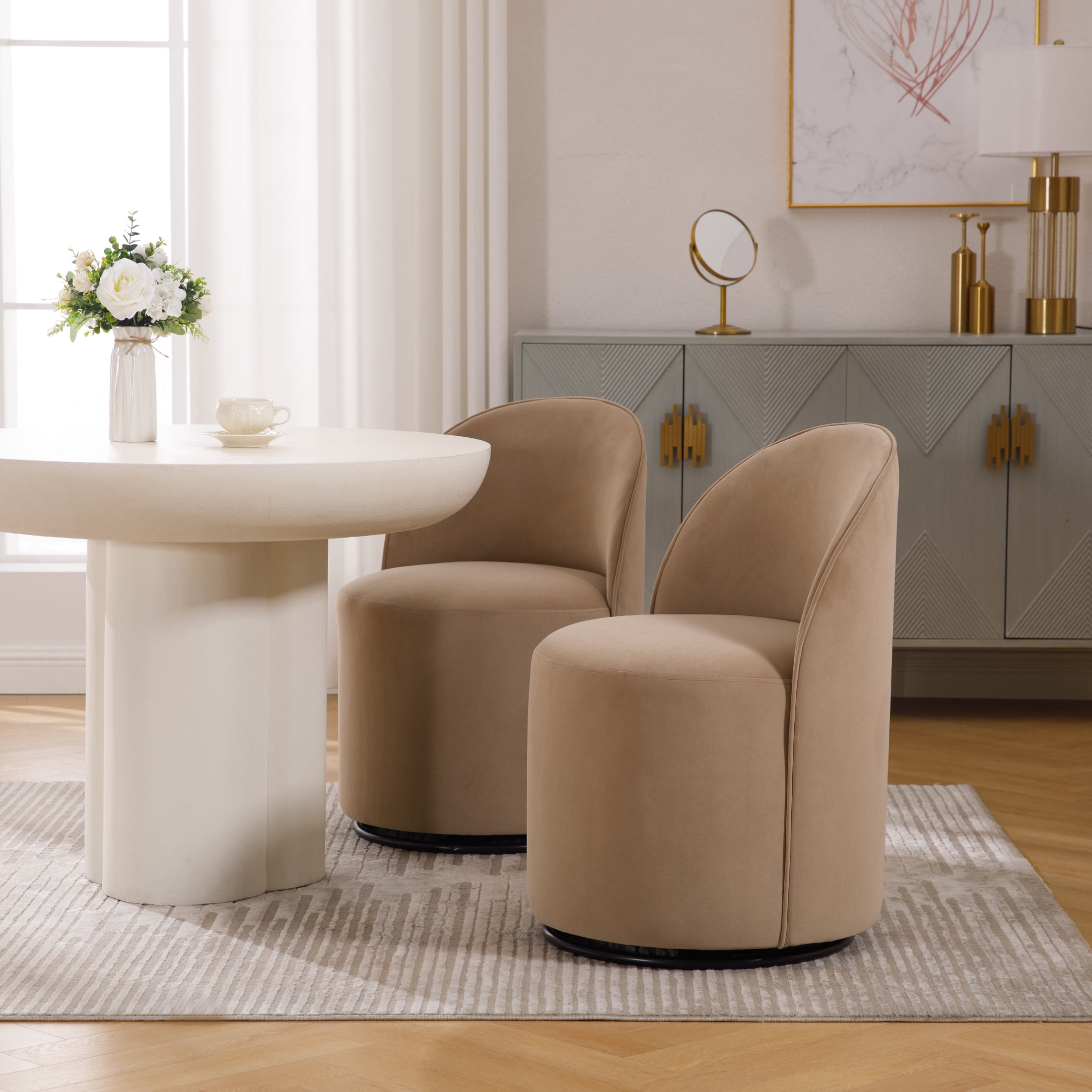 Guyou 360° Swivel Barrel Dining Chair Set of 1, Mid-Century Modern Upholstered Barrel Accent Chair, Velvet Round Vanity Chair for Dining Room Living Room Bedroom, Khaki