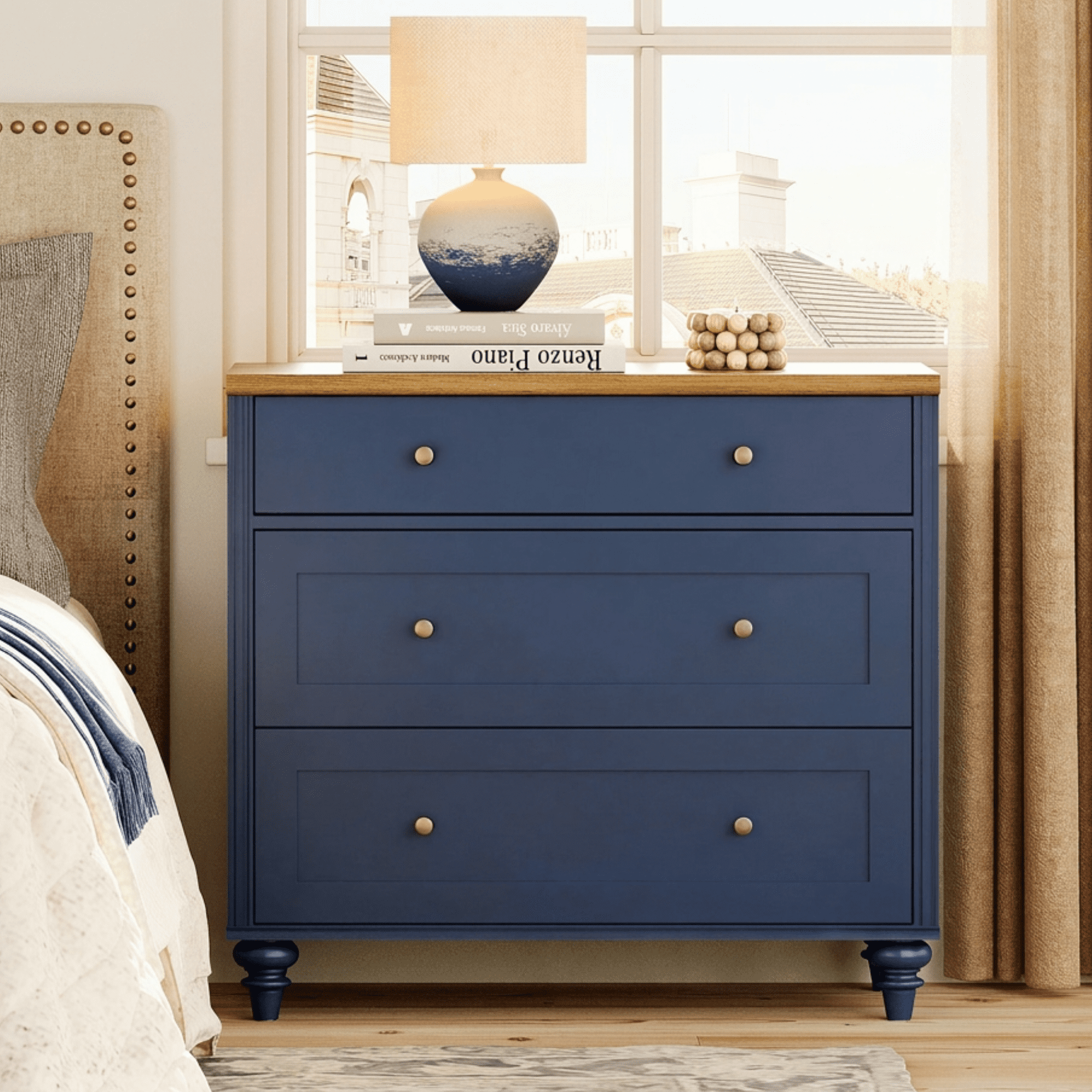 Navy Blue Farmhouse 3-Drawer Nightstand, 34 Inch Large Wooden Multipurpose Storage Dresser Chest