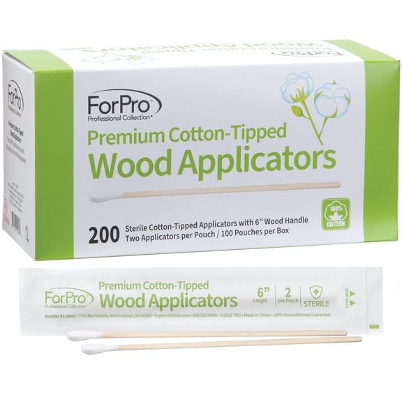 ForPro Premium Cotton-Tipped Wood Applicators, 200-Count Sterile Cotton Swabs with 6" Wood Handle for Medical, Personal Care, Travel, Individually Wrapped in Pairs