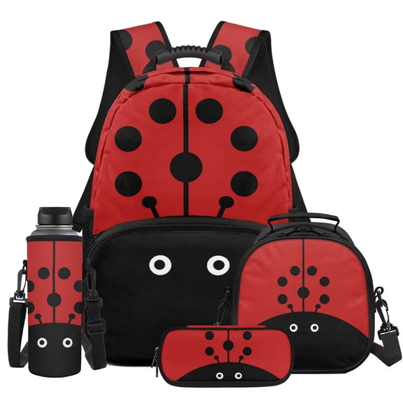 HUISEFOR Cute Ladybug School Backpack Set 17 Inch Lightweight School Bag with Lunch Bag, Pencil Case and Water Bottle Holder Multi-Pocket for Elementary School 2nd-3rd Grade