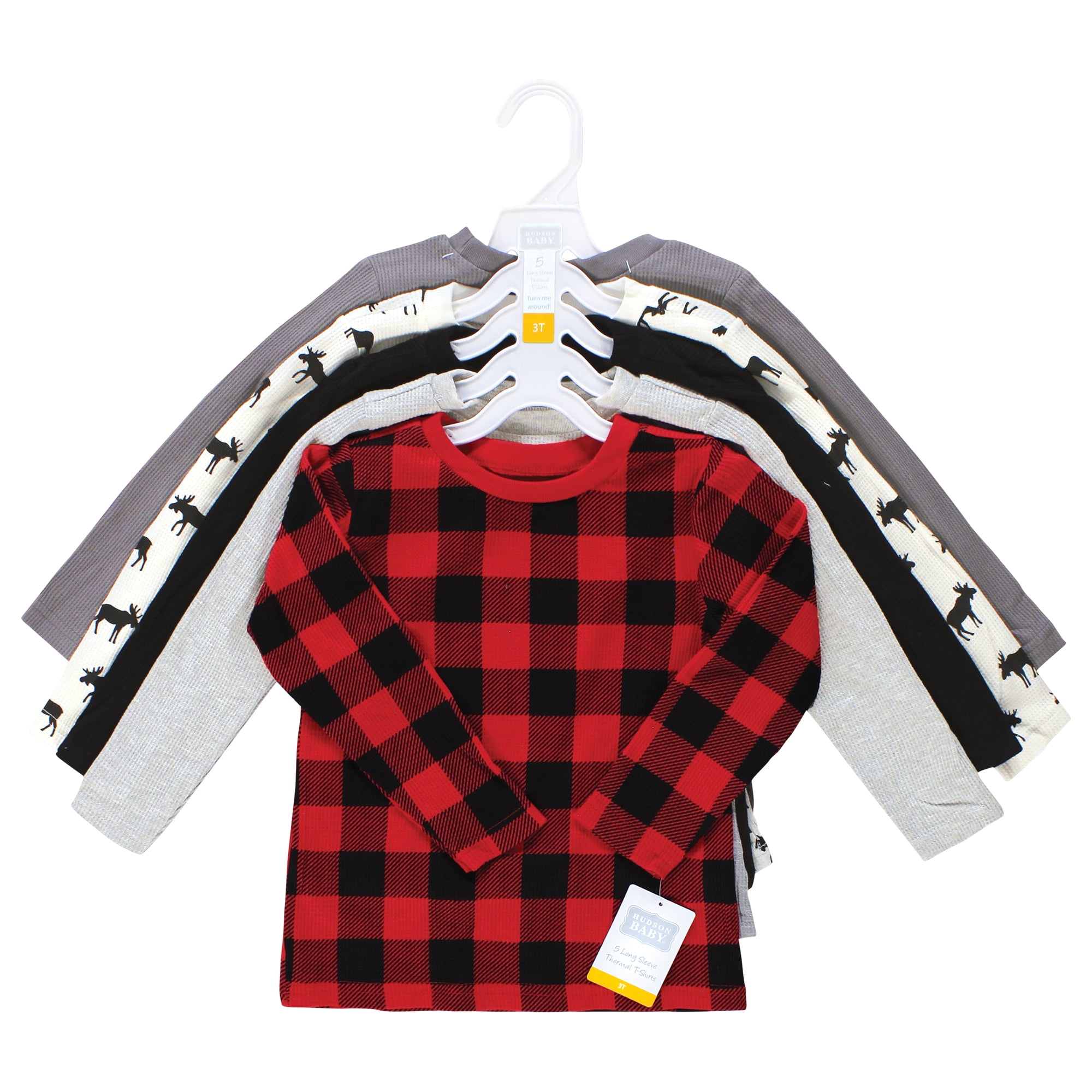 Hudson Baby Infant Boys Thermal Long Sleeve Tees 5pk, Buffalo Plaid Moose, 18-24 Months