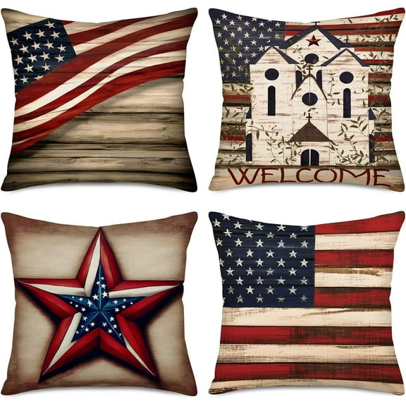 Set of 4 Vintage American Flag Throw Pillow Covers 4th of July Independence Day USA Patriotic Pillow Case 18x18 Inch Cotton Linen Farmhouse Decorative Square Cushion Cover for Sofa Bed