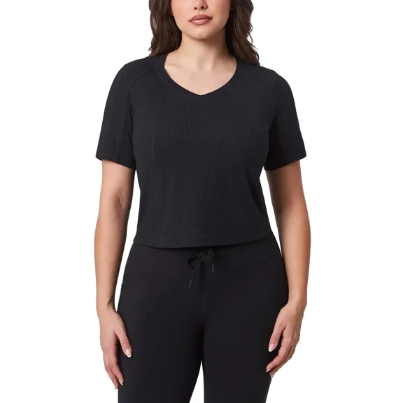 Mondetta Women's Ribbed V-Neck Short Sleeve Top Black L