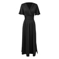 thumbnail image 4 of Vestido largo elegante de cuello en V y cintura alta para mujer: mangas plisadas, abertura lateral, fruncido, vestido de noche para bodas y fiestas., 4 of 5