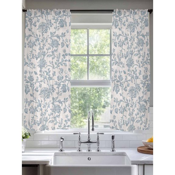 Farmhouse Flower Sheer Curtains for Living Room Bedroom Botanical Vintage Light Blue Leaf Sheer Curtains 63 Inch Long 2 Panels Set Light Filtering Curtain Window Treatments Drapes for Dining Room