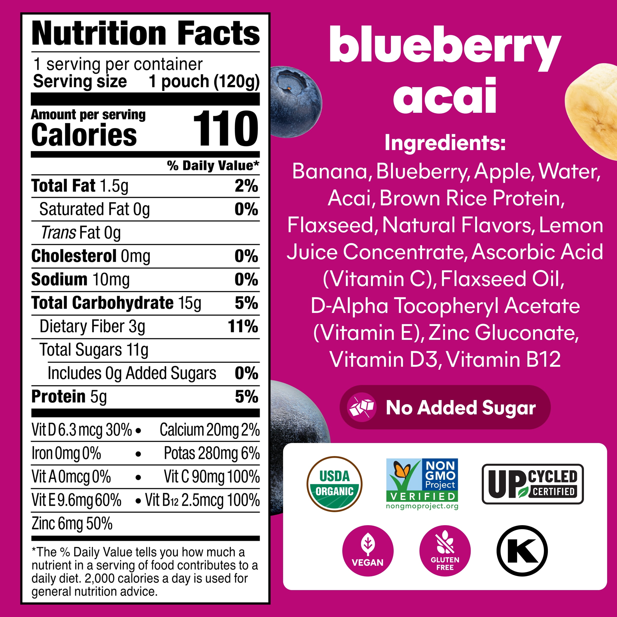 Noka Organic Superfood Smoothie Pouches, Plant Protein, Blueberry Acai, 4.22oz, 4 Pack