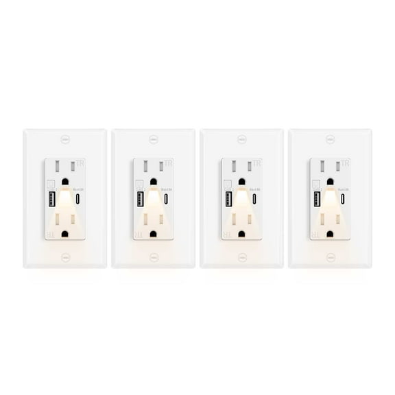 Greencycle Outlet With Built in Light And USB C,4PK 15Amp High Speed Night Light Outlet With USB,4.8A USB A/C Ports Electrical Outlet Tamper-Resistant,Wall Plate Included for Home,Office