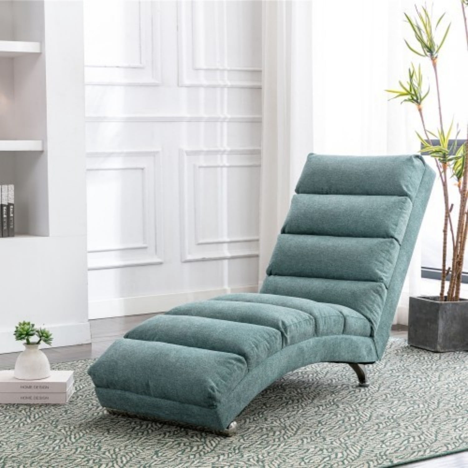 Upholstered Chaise Lounge Chair with Vibration, Modern Fabric Leisure Recliner with Ergonomic Fixed Back, Side Pocket & Lumbar Pillow, 300 lbs Capacity, Teal