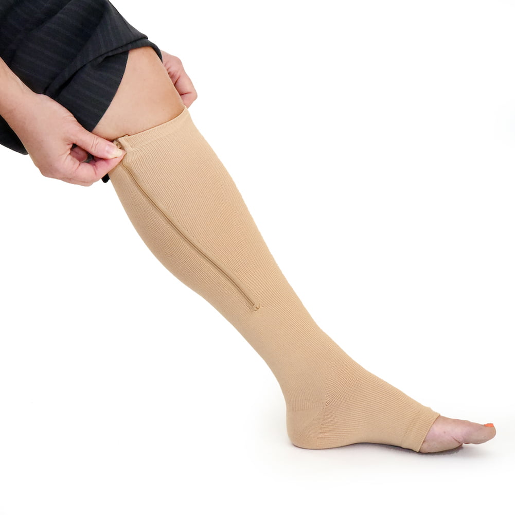 Photo 1 of zipper medical compression socks with open toe - best support zipper stocking for varicose veins, edema, swollen or sore legs, (size: l, beige)