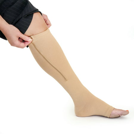 zipper medical compression socks with open toe - best support zipper stocking for varicose veins, edema, swollen or sore legs, 15-20mmhg (medium,