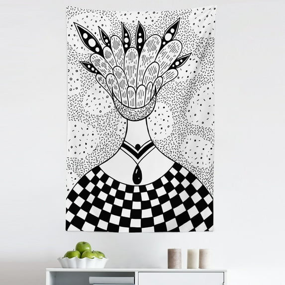 Alien Trippy Tapestry, Monochrome Hand Drawn Look Sketchy Abstract Surreal Portrait Print, Fabric Wall Hanging Decor for Bedroom Living Room Dorm, 5 Sizes, Charcoal Grey White, by Ambesonne