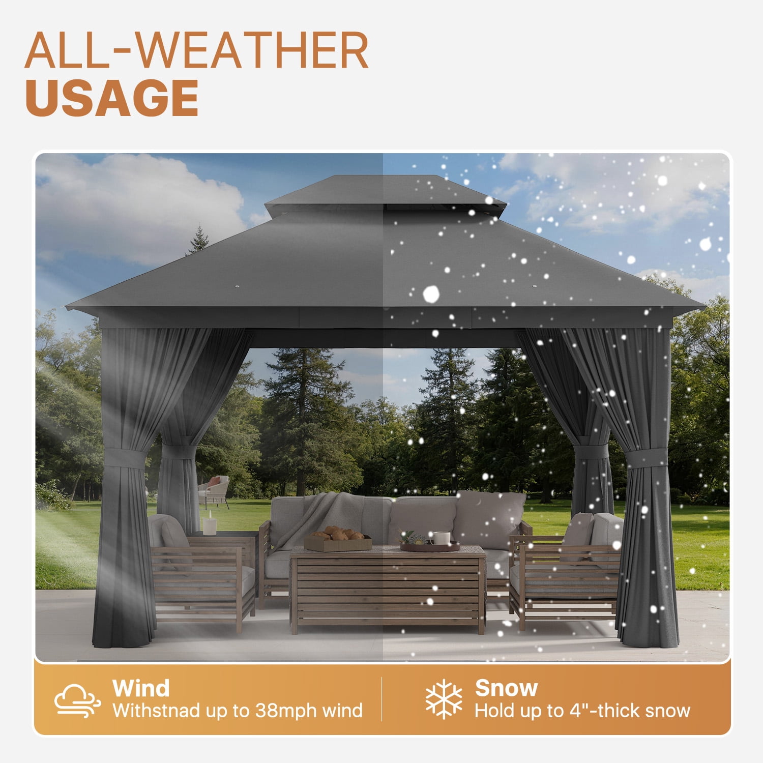 BaPiPro 10'x12' Patio Gazebo, Heavy Duty Double Roof Outdoor Canopy Tent, Mosquito Netting & Sidewall Curtains Included, UV/Wind Resistant Shelter for Garden, Deck, Backyard (Gray)