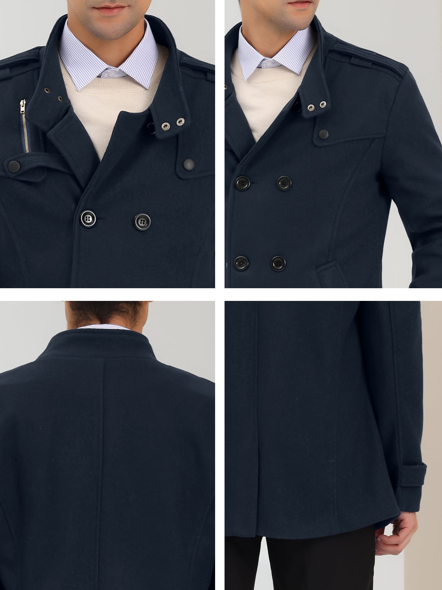 Unique Bargains Men's Winter Coat Stand Collar Double Breasted Pea Coats M Navy Blue