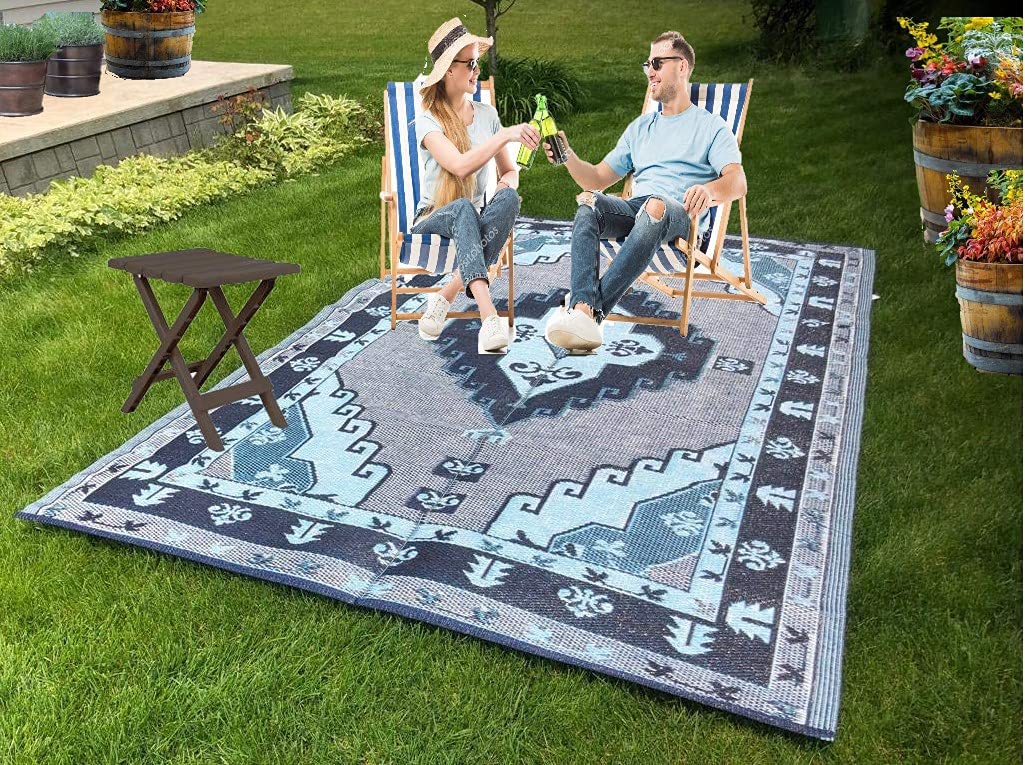 BalajeesUSA Outdoor rug Plastic straw patio rugs-6 by 9 feet Blue, Grey reversible mats waterproof rv camper mats patio rugs Clearance 140 - image 3 of 9