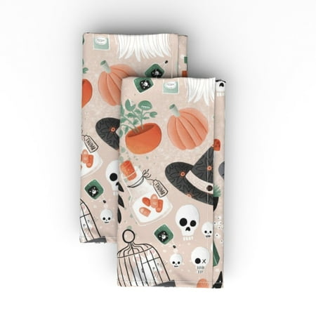 

Linen Cotton Canvas Dinner Napkins (Set of 2) - Witch Skulls Halloween Hats Peach Pumpkins Print Cloth Dinner Napkins by Spoonflower