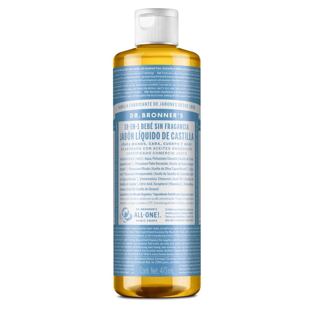 Dr. Bronner's | Jabón de castilla orgánico líquido multiusos, fórmula concentrada, suavidad pura y cuidado para piel sensible, sin aceites esenciales natura