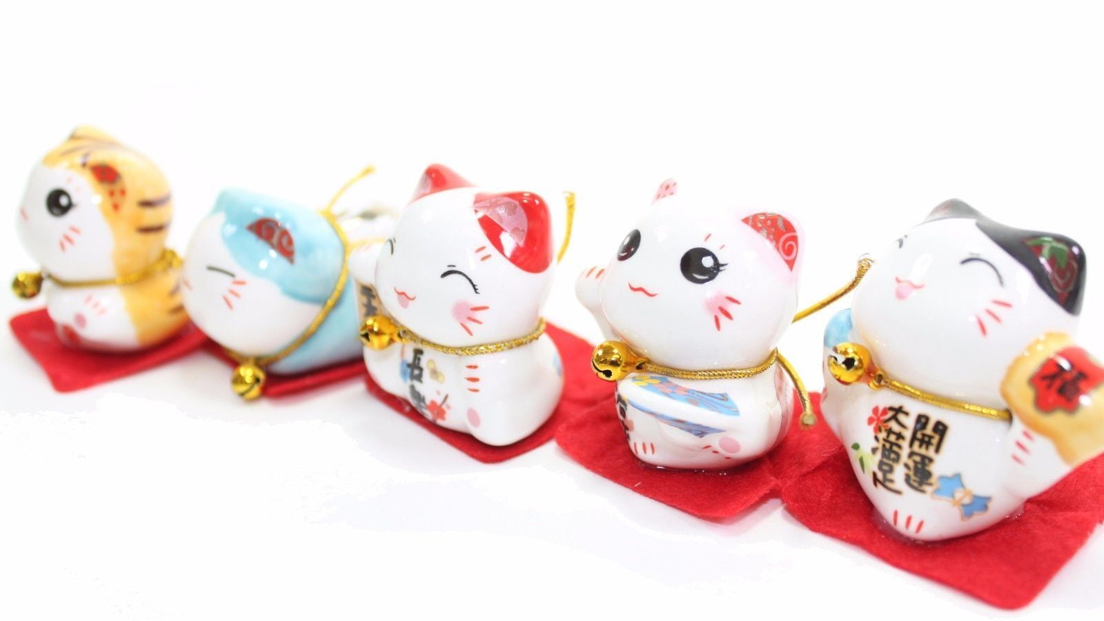 Set of 5 Japanese Cat Figurines Cute Smiley Waving Lucky Fortune Cat US Seller 
