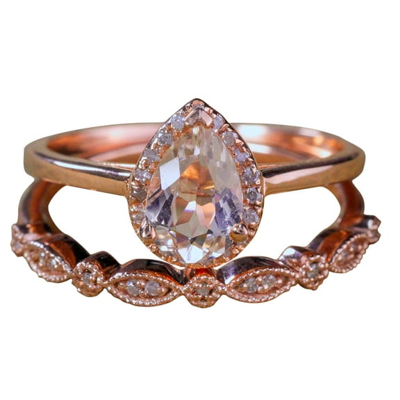 2 carat Pear shape Morganite and Diamond Halo Bridal Wedding Ring Set Antique Design 10k Rose Gold