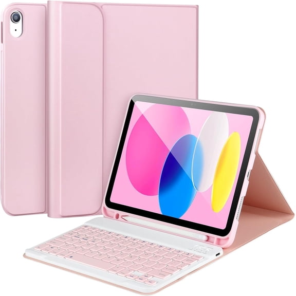 for iPad 11/10th Generation Case with Keyboard,Detachable Bluetooth Keyboard case A16 2025 11 inch/10th Gen 2022 10.9’’ Pencil Holder, Square Keycaps,Pink