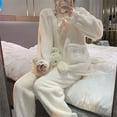 thumbnail image 4 of Conjunto de pijamas de forro polar para mujer, pijamas de invierno borrosos con lazo y ribete de encaje de manga larga súper suaves, 4 of 8