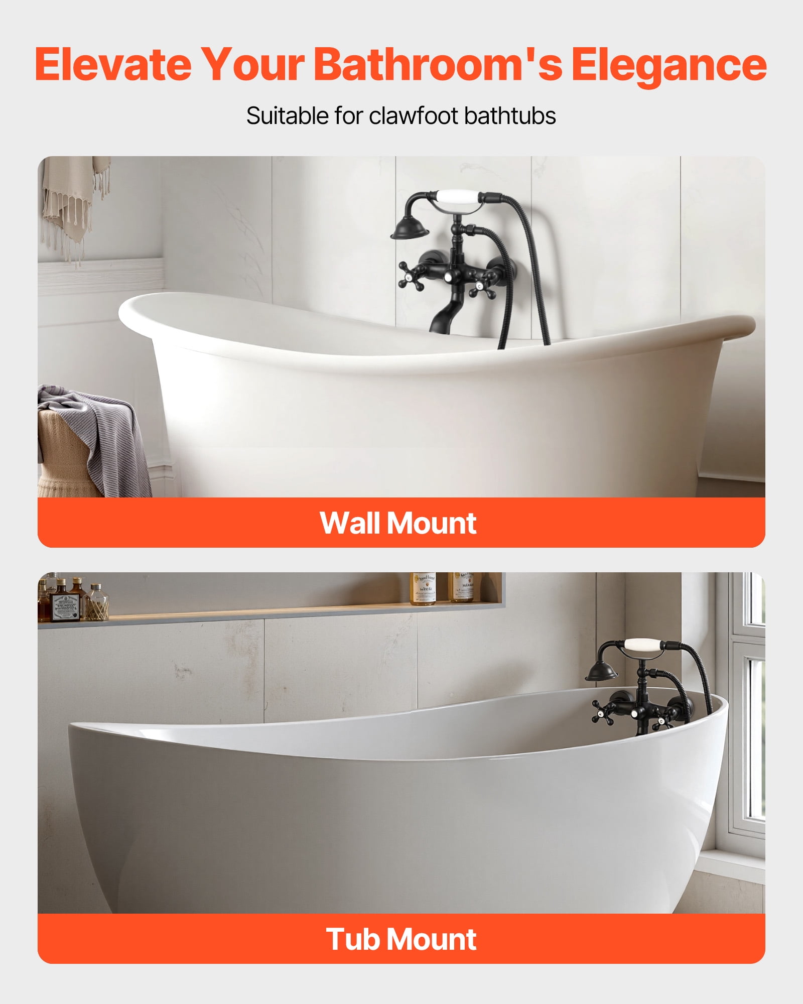 VEVOR Clawfoot Tub Faucet, Wall Mount Bathtub Faucets with Handheld Shower, Vintage Matte Black Clawfoot Tub Filler Faucet Shower Kit with Adjustable Swing Arms & 360° Rotation Spout for Bathtubs