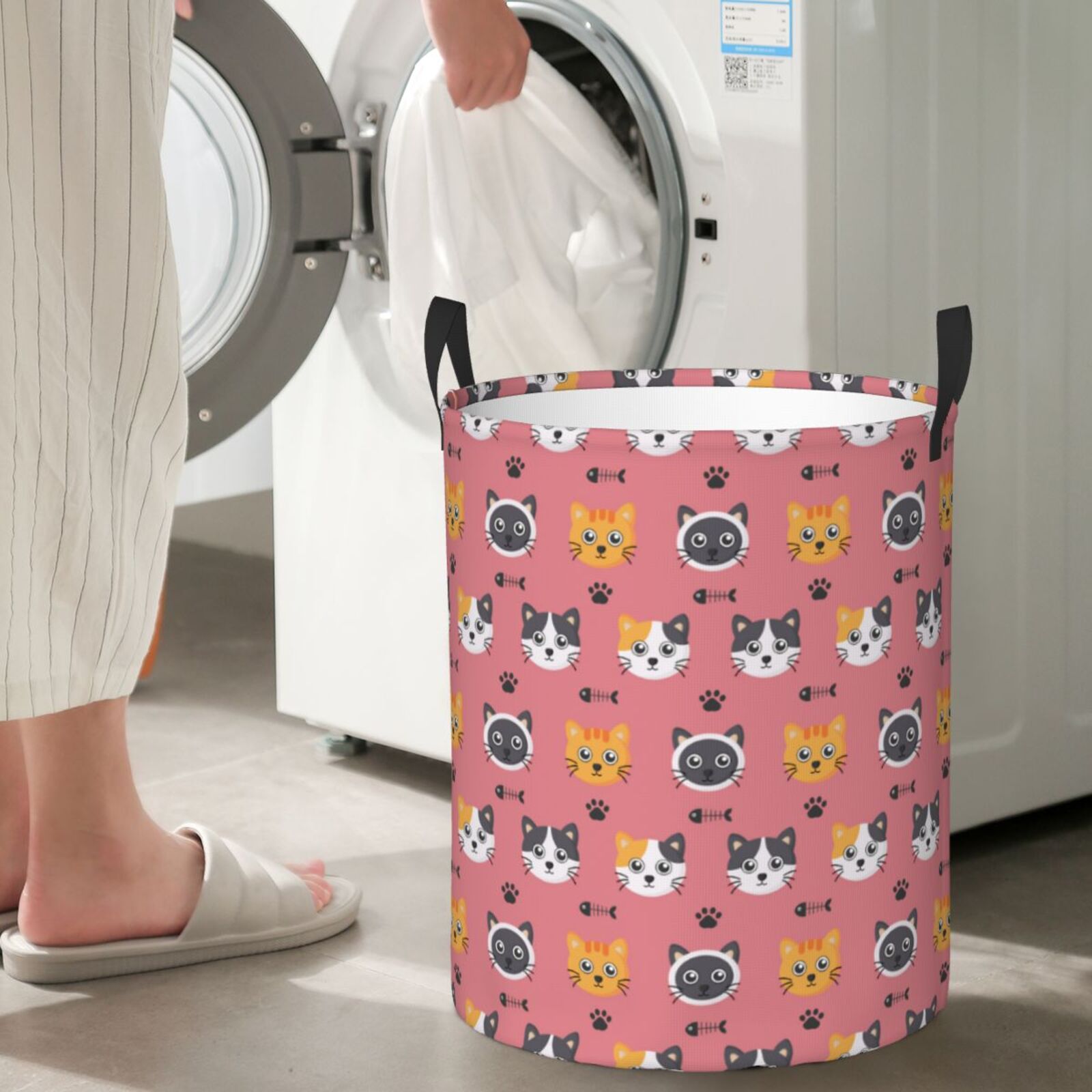 Large Laundry Basket with Handles - Cute Cartoon Cat Fishbone Kids Baby Dirty Clothes Laundry Hamper for Bedroom Aesthetic