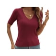 thumbnail image 4 of VISgogo Ladies Temperament Slim Knitwear, Primavera Verano Mujer Estilo de ocio Color sólido Cuello en V Manga corta Tops Camisa base VISgogo moda, 4 of 9