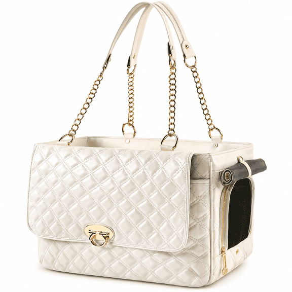 Dog Purse Carrier with 2 Oversized Pockets - PU Leather Pet Tote for Small Dogs Cats Up to 10 lbs, Airline Approved Soft-Sided Puppy Travel Carrier (White, Small)