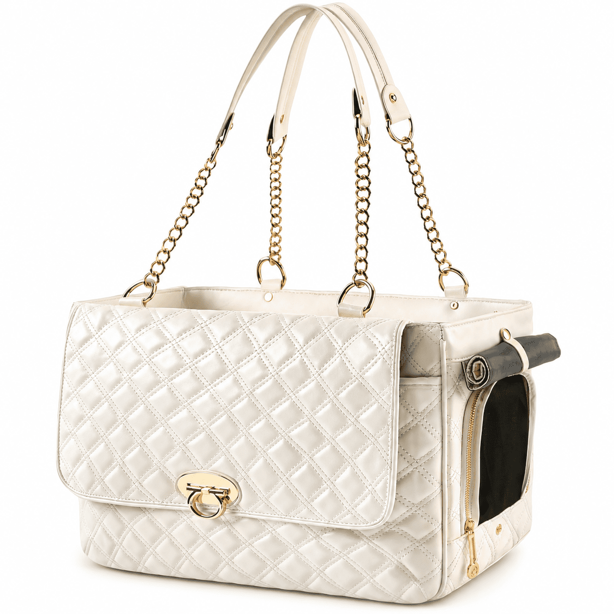 Dog Purse Carrier with 2 Oversized Pockets - PU Leather Pet Tote for Small Dogs Cats Up to 10 lbs, Airline Approved Soft-Sided Puppy Travel Carrier (White, Small)