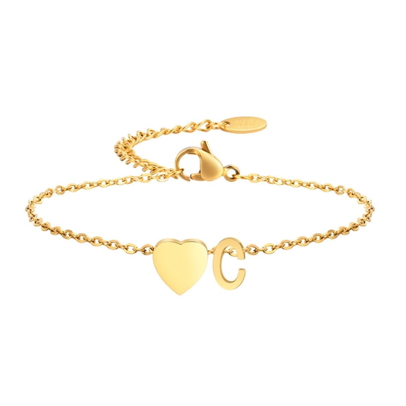 HIJONES Women's Stainless Steel Heart Gold Plated Initial Bracelet 26 Letters A-Z Alphabet Personalized Charm Bracelets Gold C