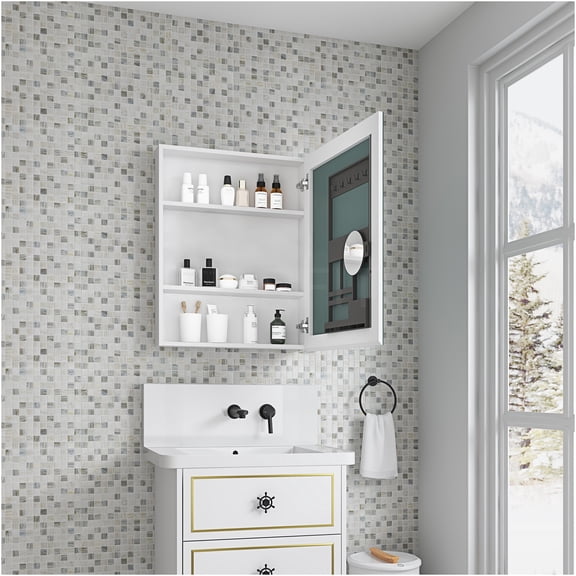 JERFIT 24x30 Inch White Surface Mount Medicine Cabinet with Beveled Mirror, Soft Close Door & Spacious Storage