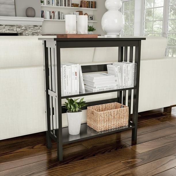 Mission Style Bookshelf 3Tier Slatted Bookcase, Wooden Shelving Unit