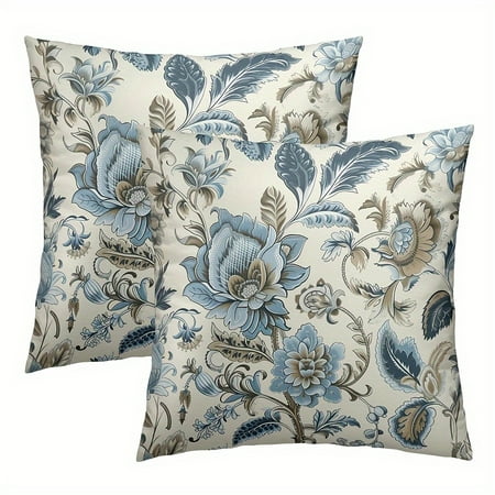 

2 pieces of vintage cottage floral pillowcases - Chinese style 100% polyester fiber blue and beige plant patterns hand wash only perfect for spring/summer decoration sofa and bedroom