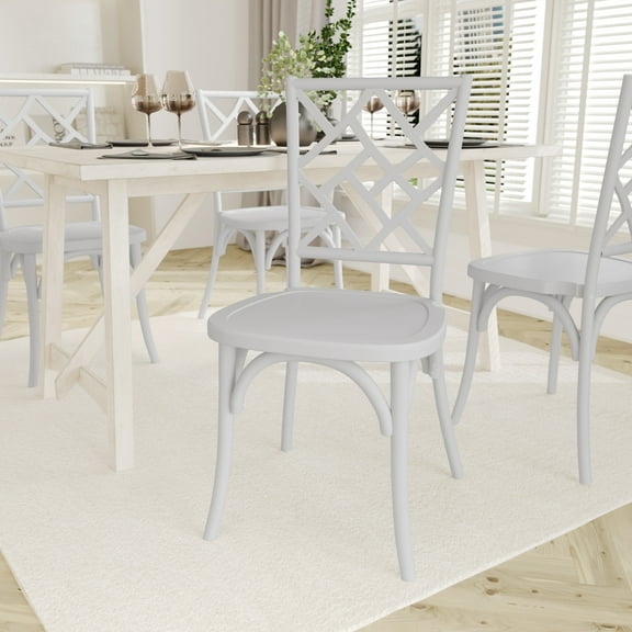 Emma Oliver Solid Wood Stack Dining Chair with Decorative Back Design and White Finish
