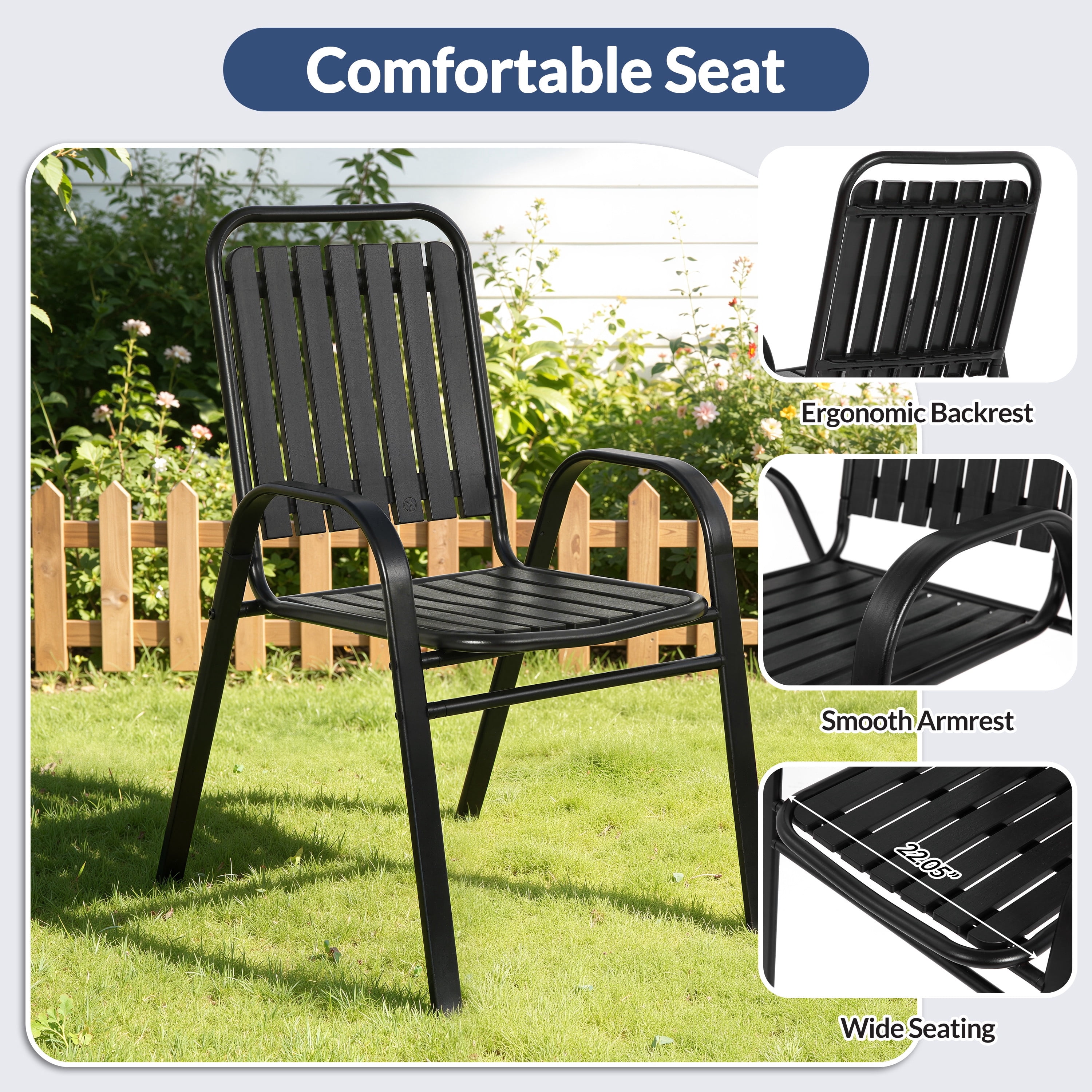 5 Piece Outdoor Dining Set, Patio Furniture Set with 4 Armrest Chairs and Steel Slat Table, All-Weather Conversation Set for Patio, Backyard, Deck, Poolside - Black