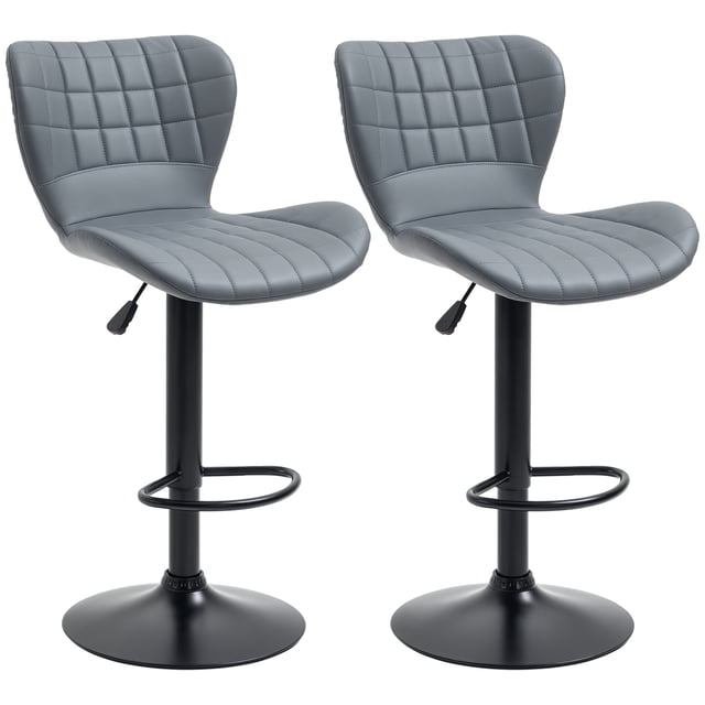 HOMCOM Bar Stools Set of 2, Adjustable Height Swivel Bar Chairs, PU Leather Upholstered Kitchen Counter Stools with Wide Seat, Back and Footrest, Grey