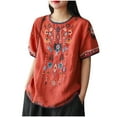 thumbnail image 2 of QUNYINEY Crew Neck Women's T-Shirts Casual Vintage Embroidery Flower Short Sleeve Pullover Tops Plus Size Linen Loose Women's Tops, 2 of 4