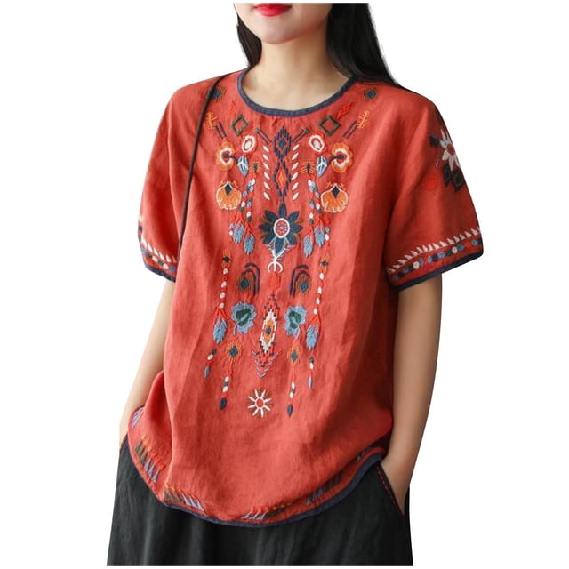 Tops de Algodón de Lino para las Mujeres Bordado Retro Suelto de Manga Corta de Gran Tamaño, Cuello Redondo